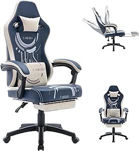 YAMOBO Gaming Chair with Footrest, Ergonomic Gaming Chair with Massage Lumbar Support, High Back Computer Gamer Chair for Adults, Reclining Video Game Chair, Pocket Spring PVC Leather, Blue Beige